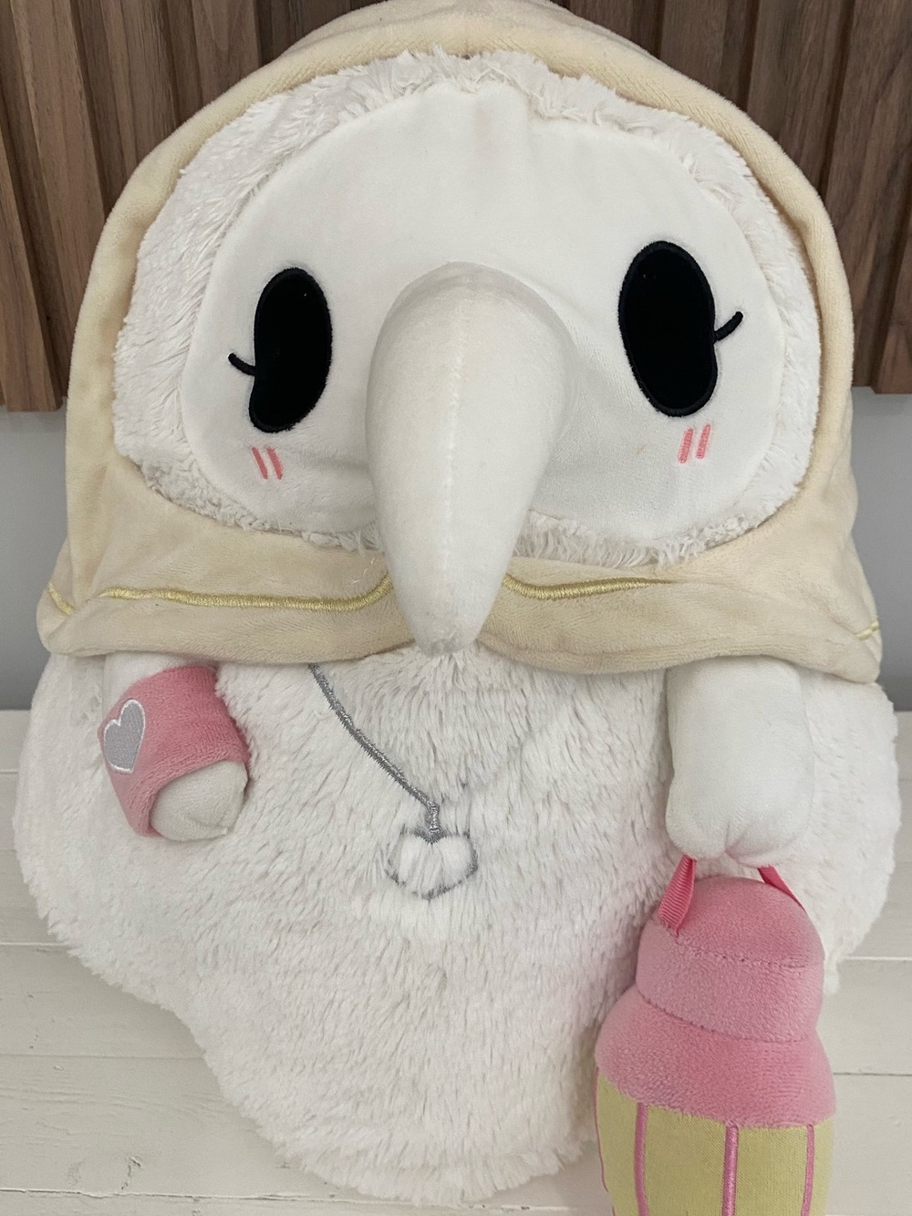 Plush Hooded Stuffed Animal in White and Pink - Plague Nurse Character 16” jumbo
